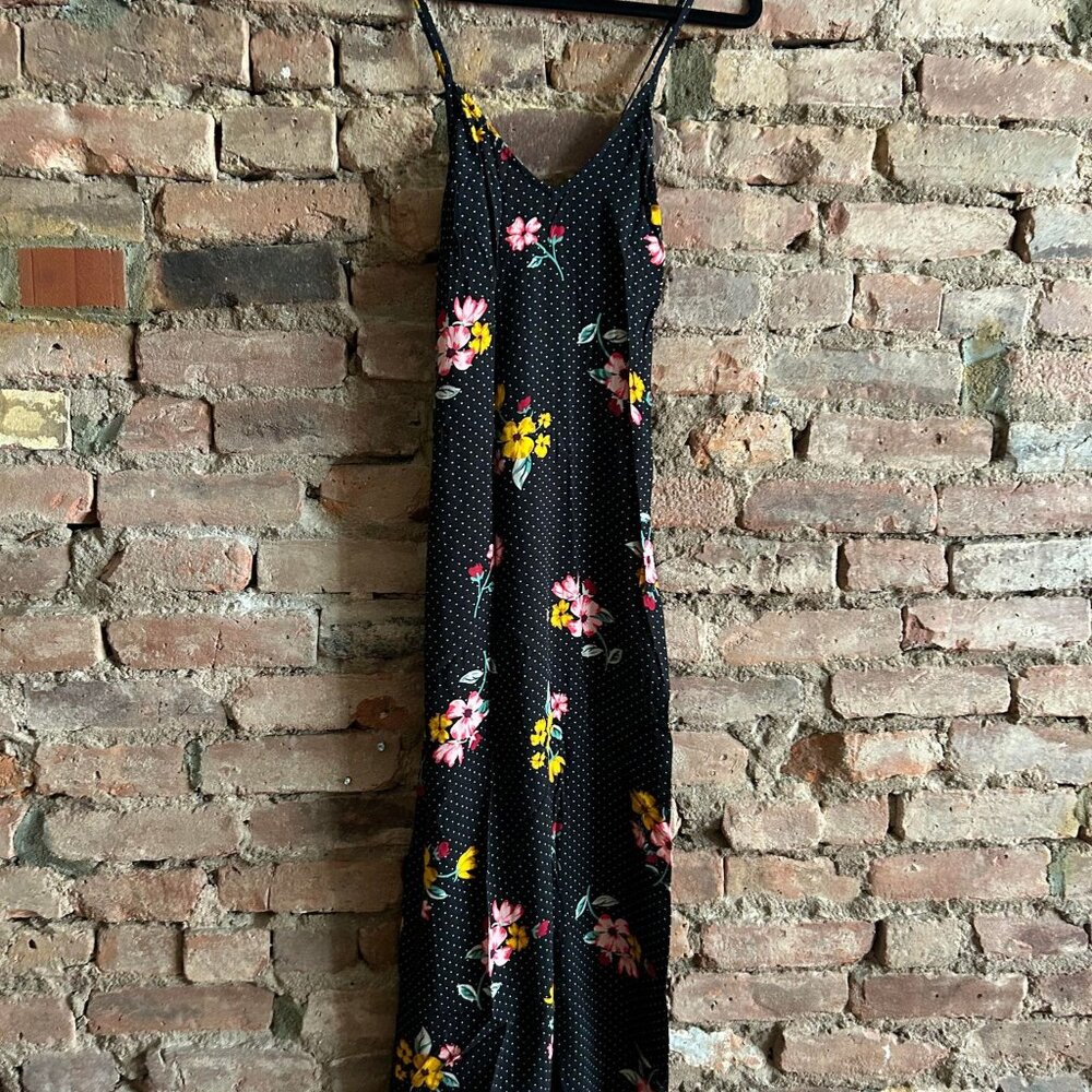 Maxi cami dress black with white polka dots and colorful flowers size small